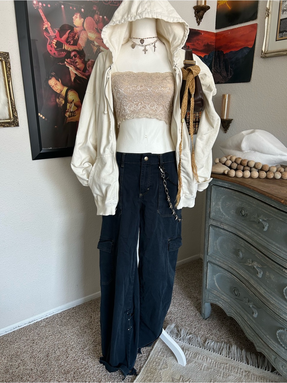 Grunge Y2K Utility Cargo Pants Womens Size M Wide Leg Distressed Low Rise Navy